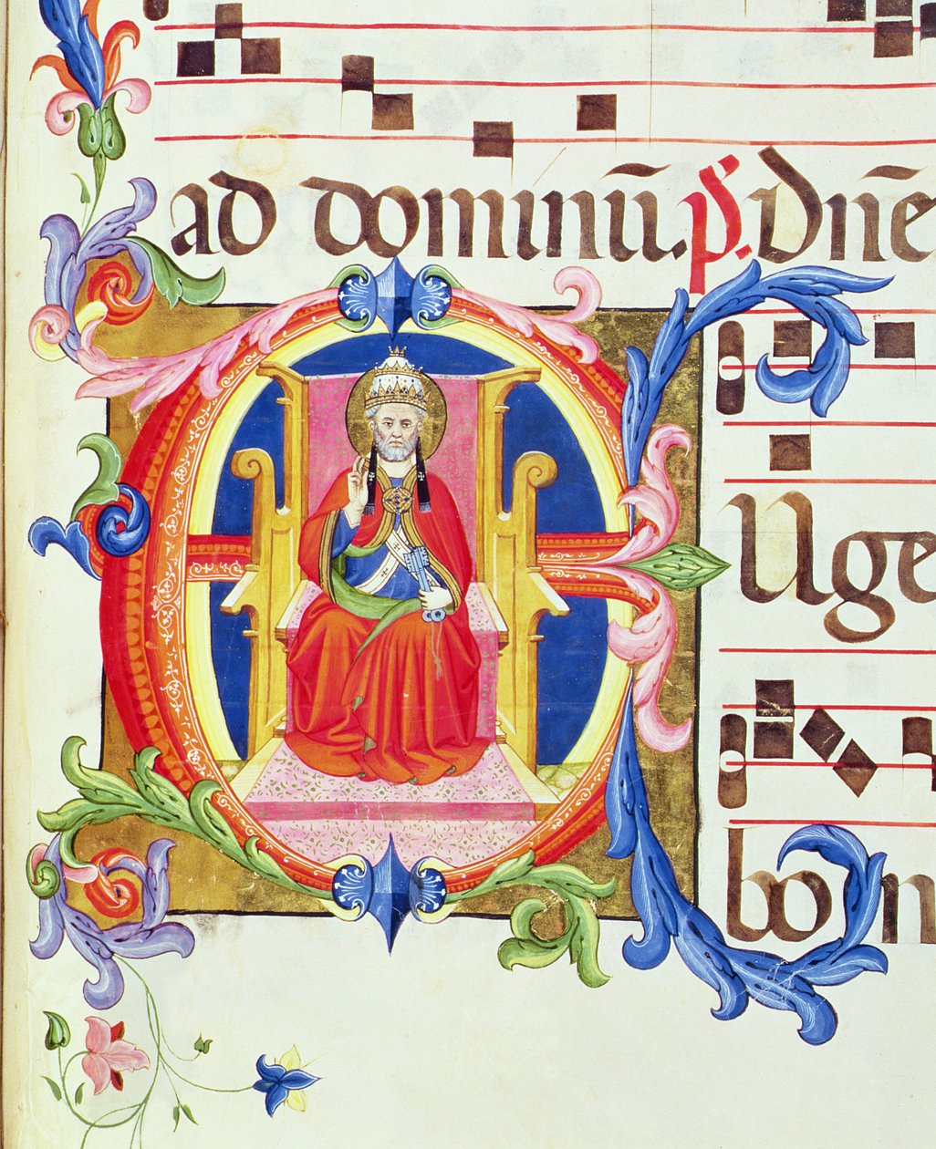 Ms 572 f.125r Historieret bogstav "E", der viser Sankt Peter som den første biskop af Rom fra en antifon fra Santa Maria del Carmine af Don Simone Camaldolese