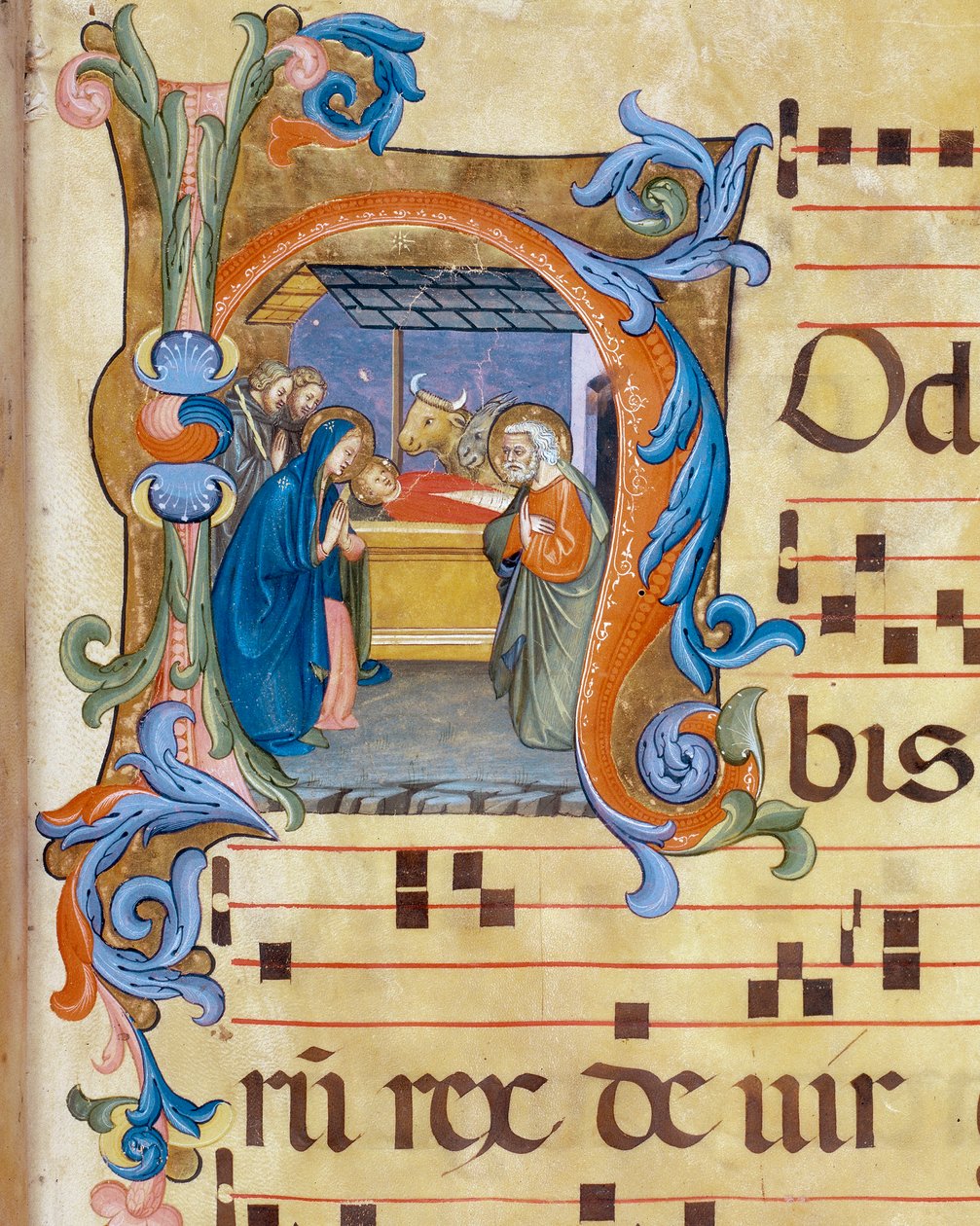 Fødsel, miniature detalje af Antiphonary af Don Simone Camaldolese