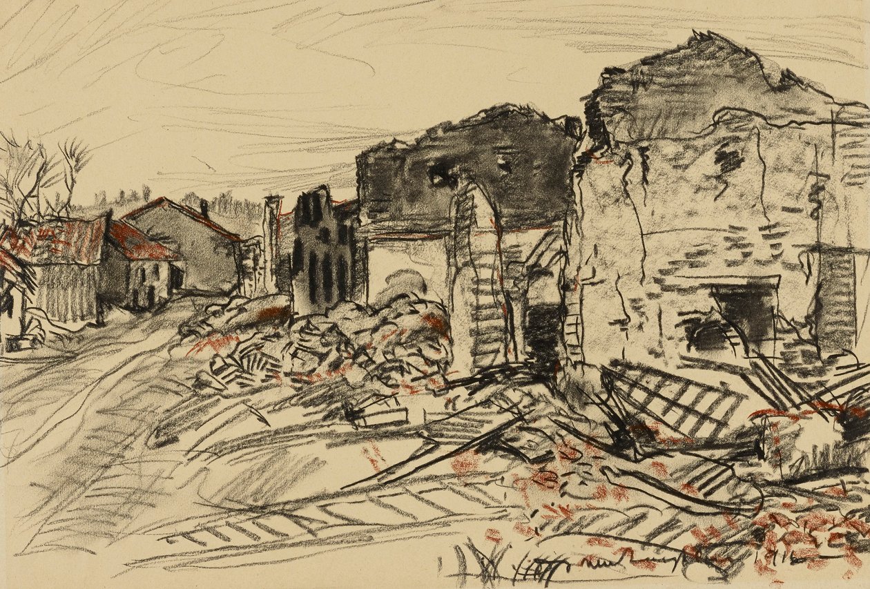 Ødelagt landsby, krigsfront af Donald Shaw MacLaughlan