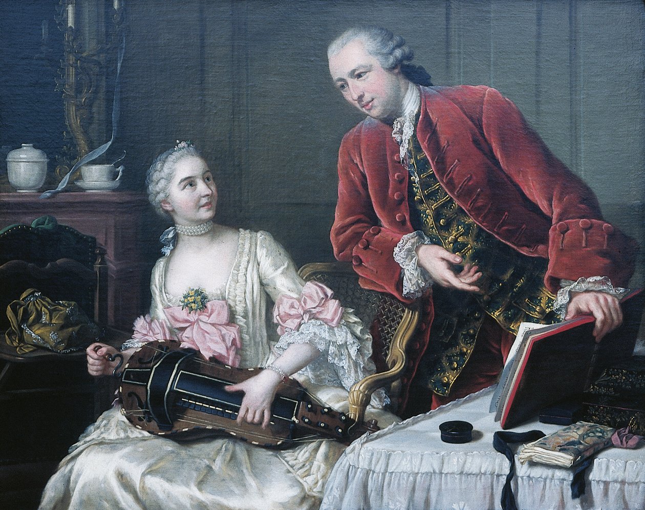 Portræt af Monsieur og Madame de Corcelles, der spiller musik i et interiør af Donat Nonotte