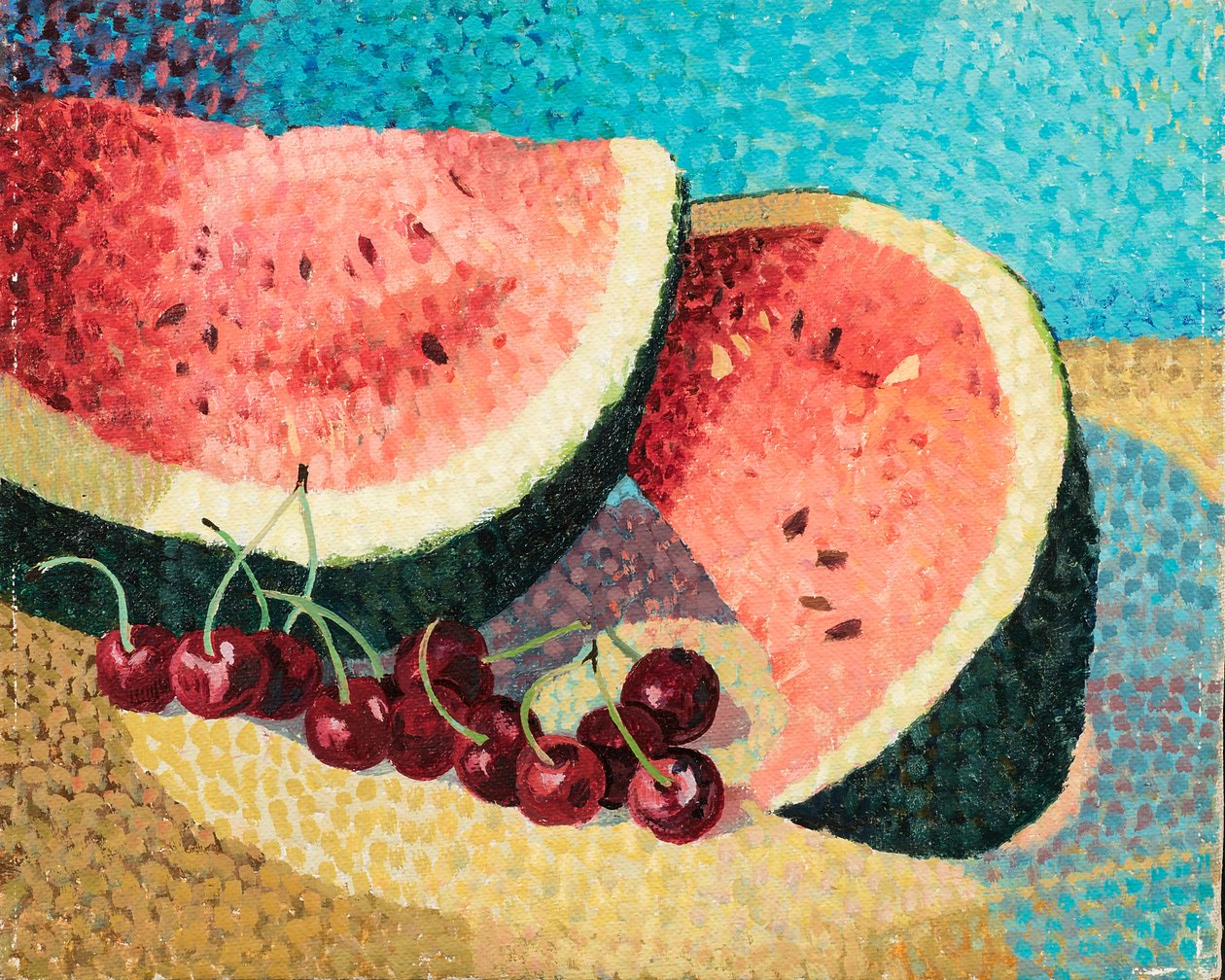 Stilleben om sommeren, ca. 1983 (olie på lærred) af Donatella Merlo