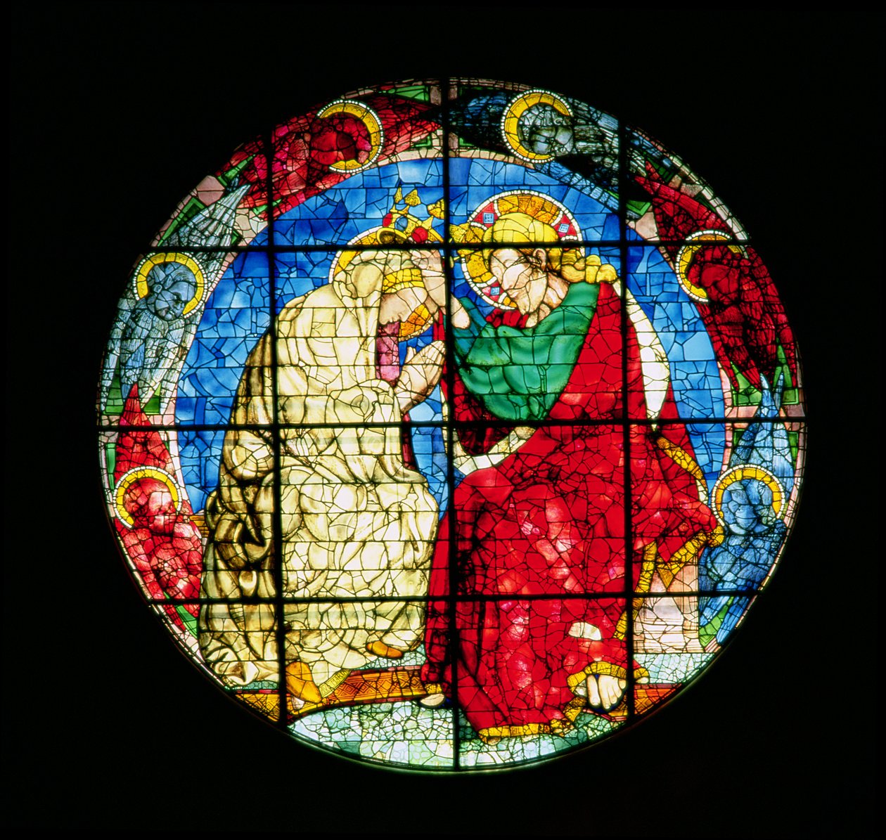 Oculus skildrer Jomfruens kroning, 1438 (farvet glas) af Donatello