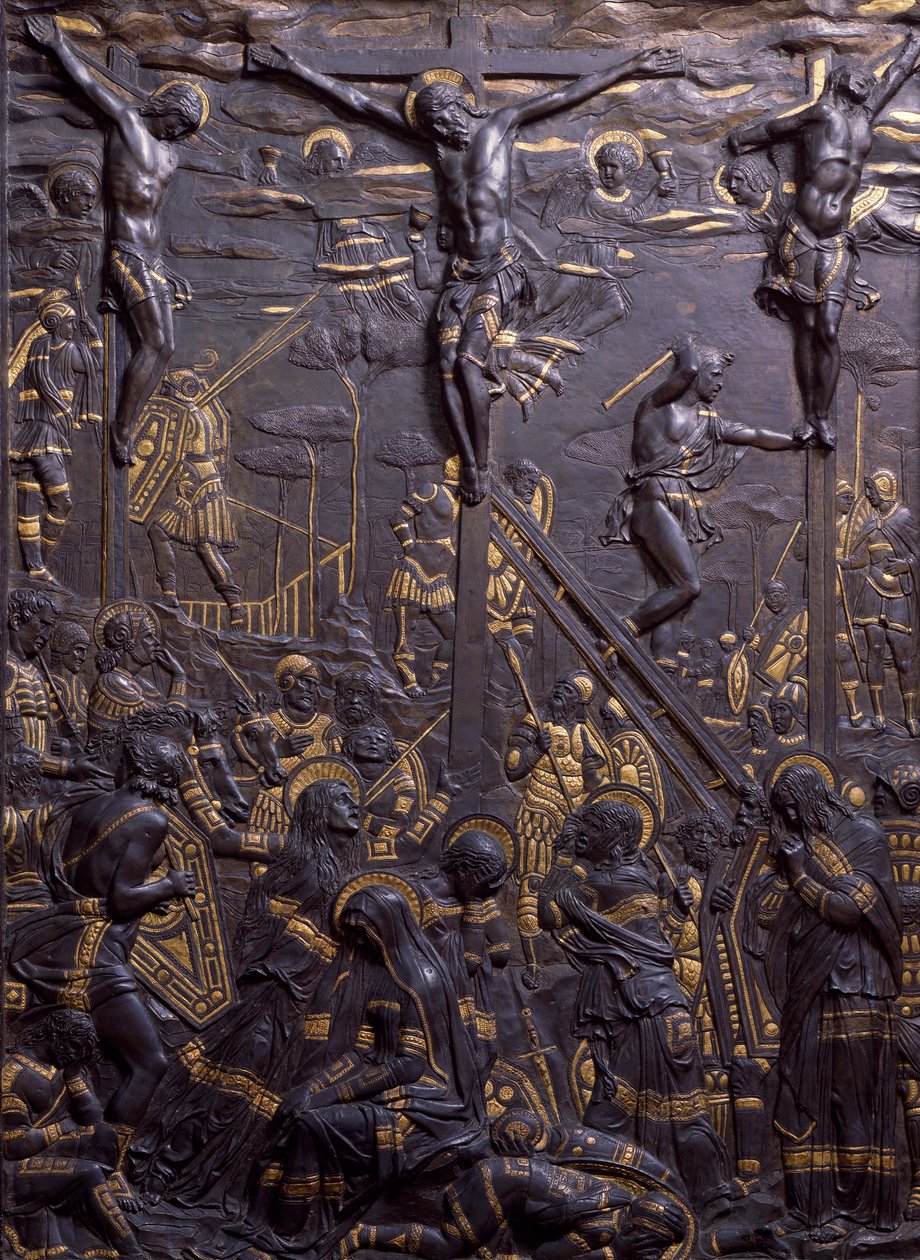 Crucifixion of Christ, ca 1465, af Donatello (ca 1386-1466), damasceneret bronze relief, 93x70 cm. Italien af Donatello