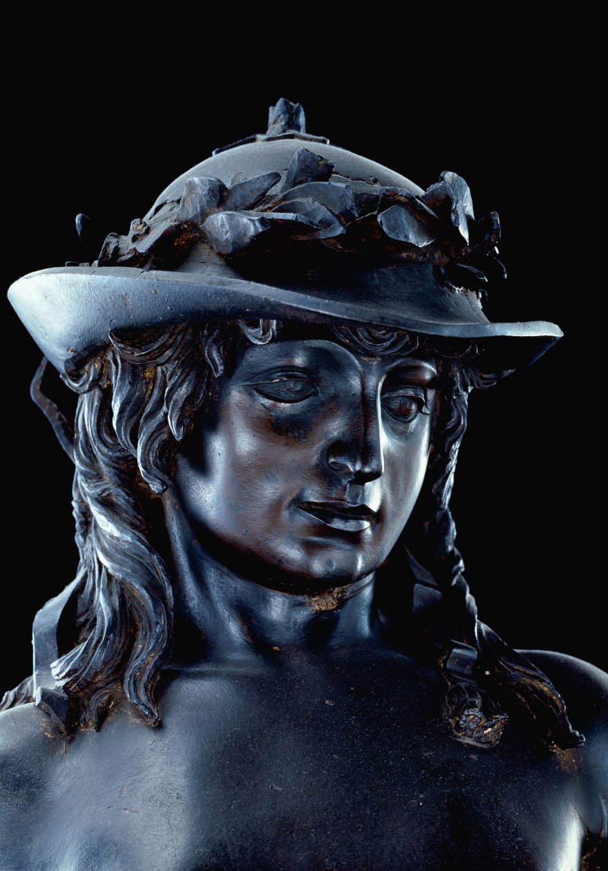 David, detalje af hovedet, ca. 1440 (bronze) (se også 11969-70) af Donatello