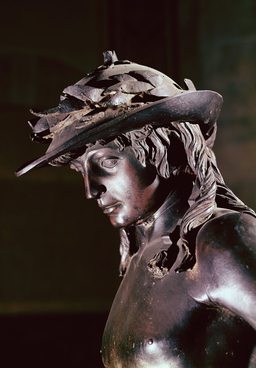 David, detalje af hovedet, ca. 1440 (bronze) (se også 119169) af Donatello