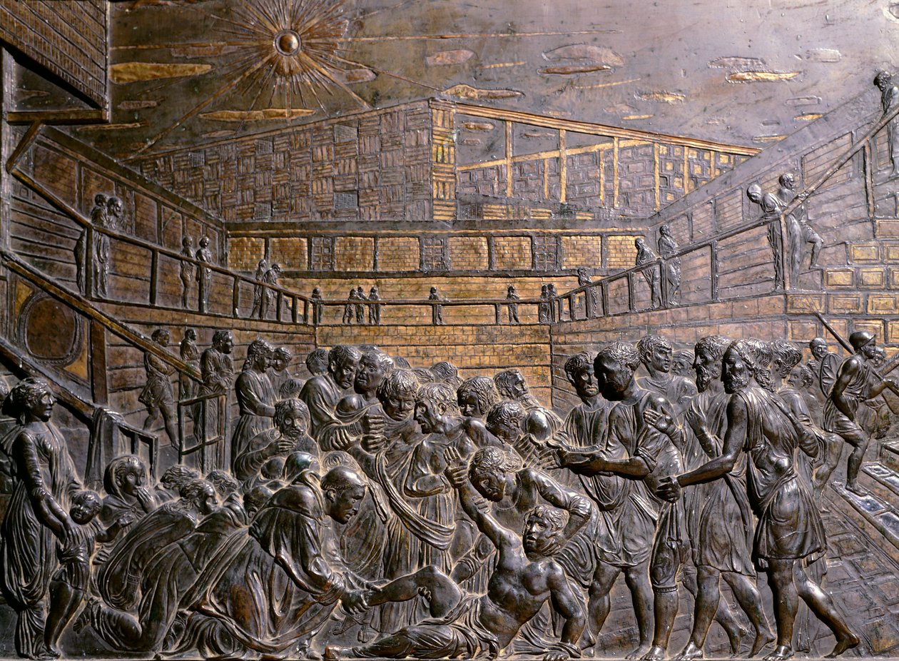 Italien, Padova, basilikaen Sankt Antonius af Padova, Sankt Antonius helbreder ungdommens fod, af Donatello (ca. 1386-1466), relief af Donatello