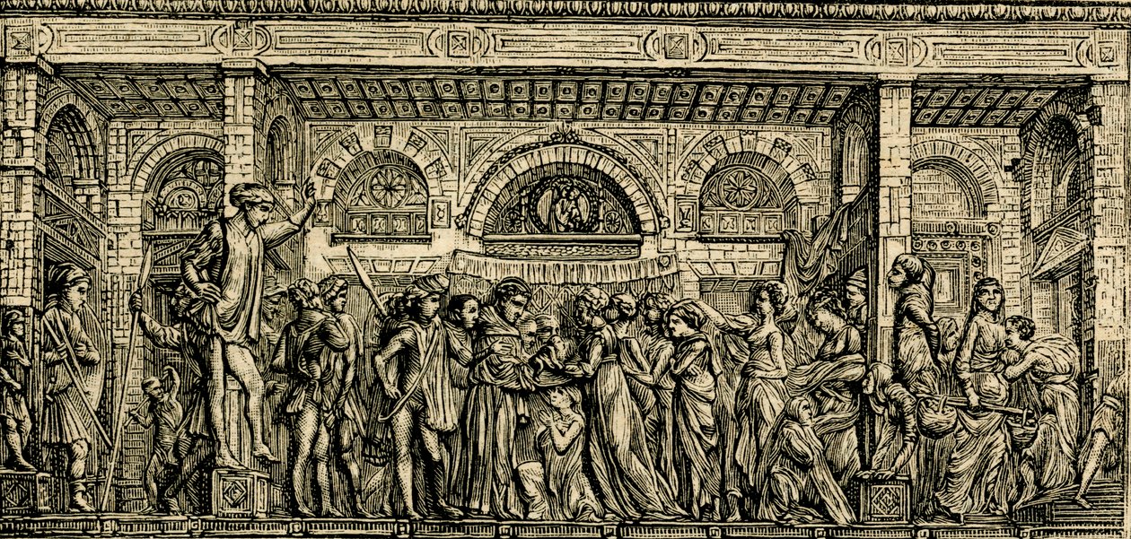 Miraklet med det nyfødte barn, der taler, Sankt Antonius-alteret, bronzerelief af Donatello, Sankt Antonius-basilikaen i Padua, Padua, Veneto, Italien, træsnit fra Le cento citta d