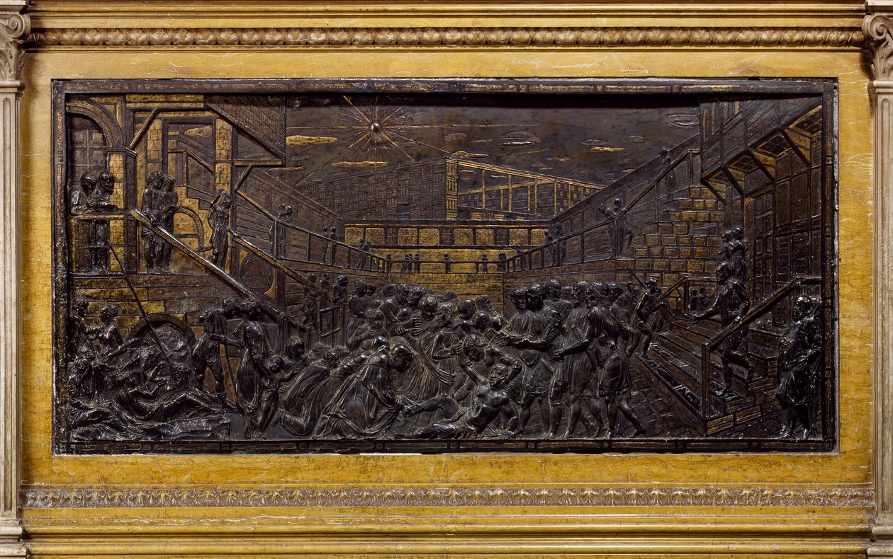Relief, der forestiller Skt. Antonius, der sætter ungdommens fod på igen, af Donatello (cirka 1386-1466), bronze, Saint-Antonius-alter, Skt. Antonius-basilikaen (Basilica del Santo), Padua, Italien af Donatello