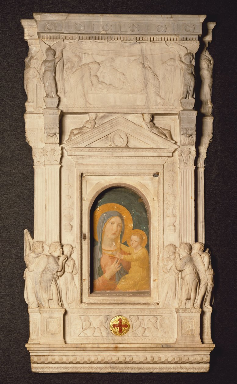 Eukaristiens sakramenttabernakel, eller Ciborium, af Donatello (1386-1466), med fragment af fresko fra det 14. århundrede, der forestiller febermadonna, Museum of Treasury of St Peter