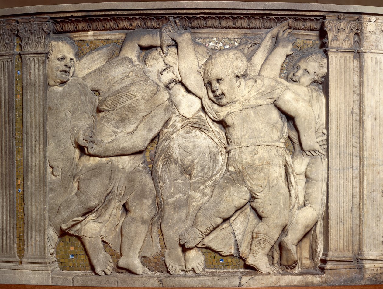 Flise med dansende putti, af Donatello (ca. 1386-1466), marmorrelief, prædikestolen i katedralen i Prato, Toscana af Donatello
