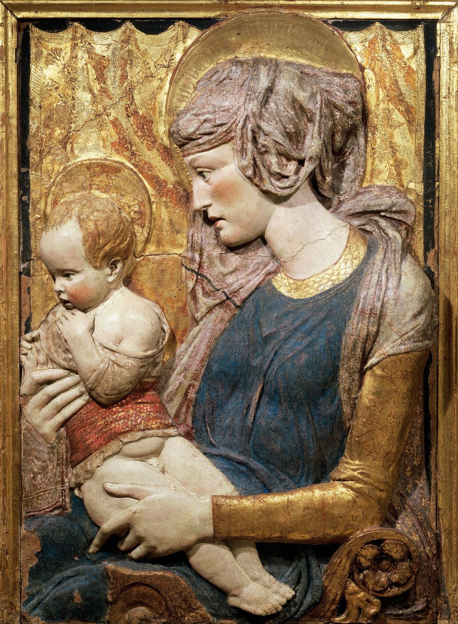 Jomfru og barn, ca 1440, af Donatello (ca 1386-1466), malet og forgyldt terracotta relief af Donatello