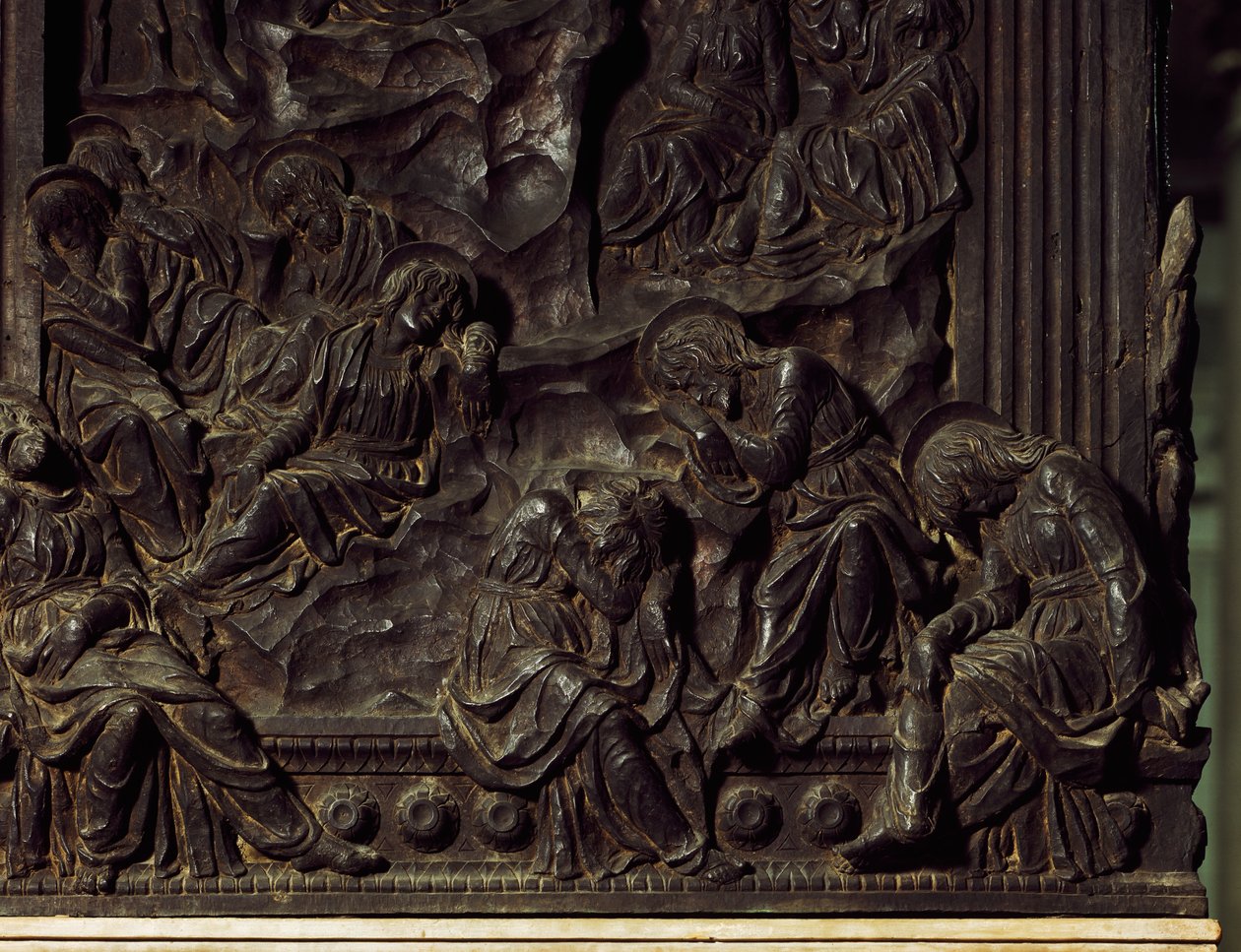 Tilbedelse i haven, detalje fra venstre prædikestol, af Donatello (1386-1466), Basilica of St Lawrence, Firenze, Italien af Donatello