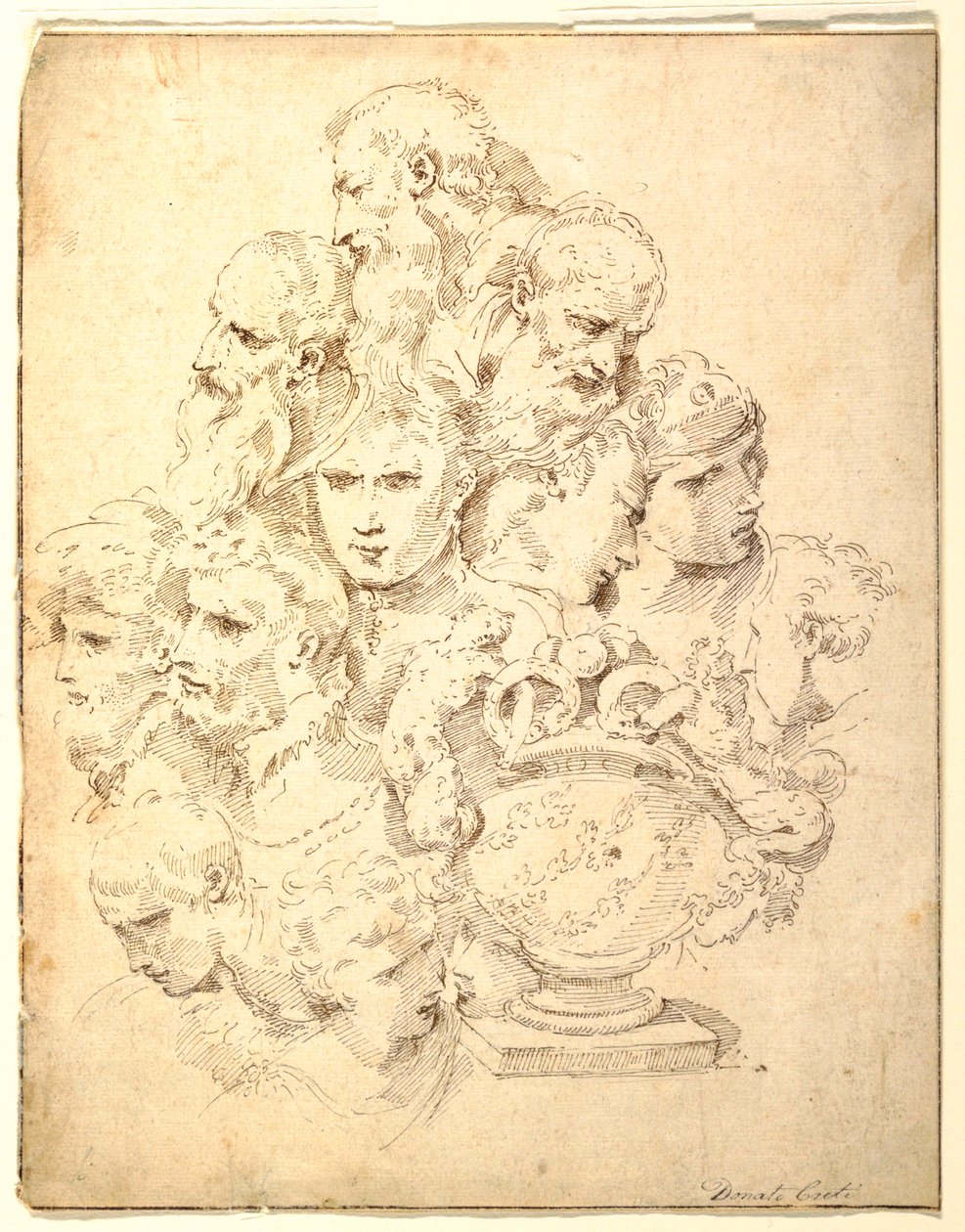 Tegning, Fantasi bestående af hoveder og en skulpturel urne, ca. 1730 af Donato Creti