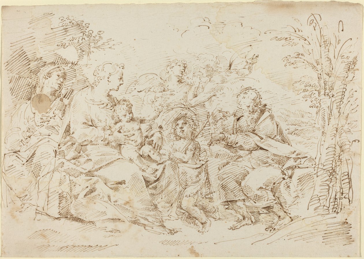 Hellig Familie med St. Elizabeth, St. Johannes Døberen og To Engle i et Landskab af Donato Creti