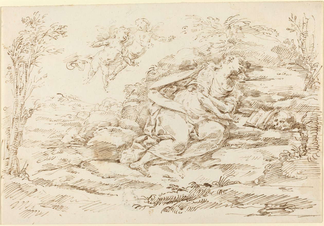 Penitent Magdalene med engle i et landskab [recto] af Donato Creti