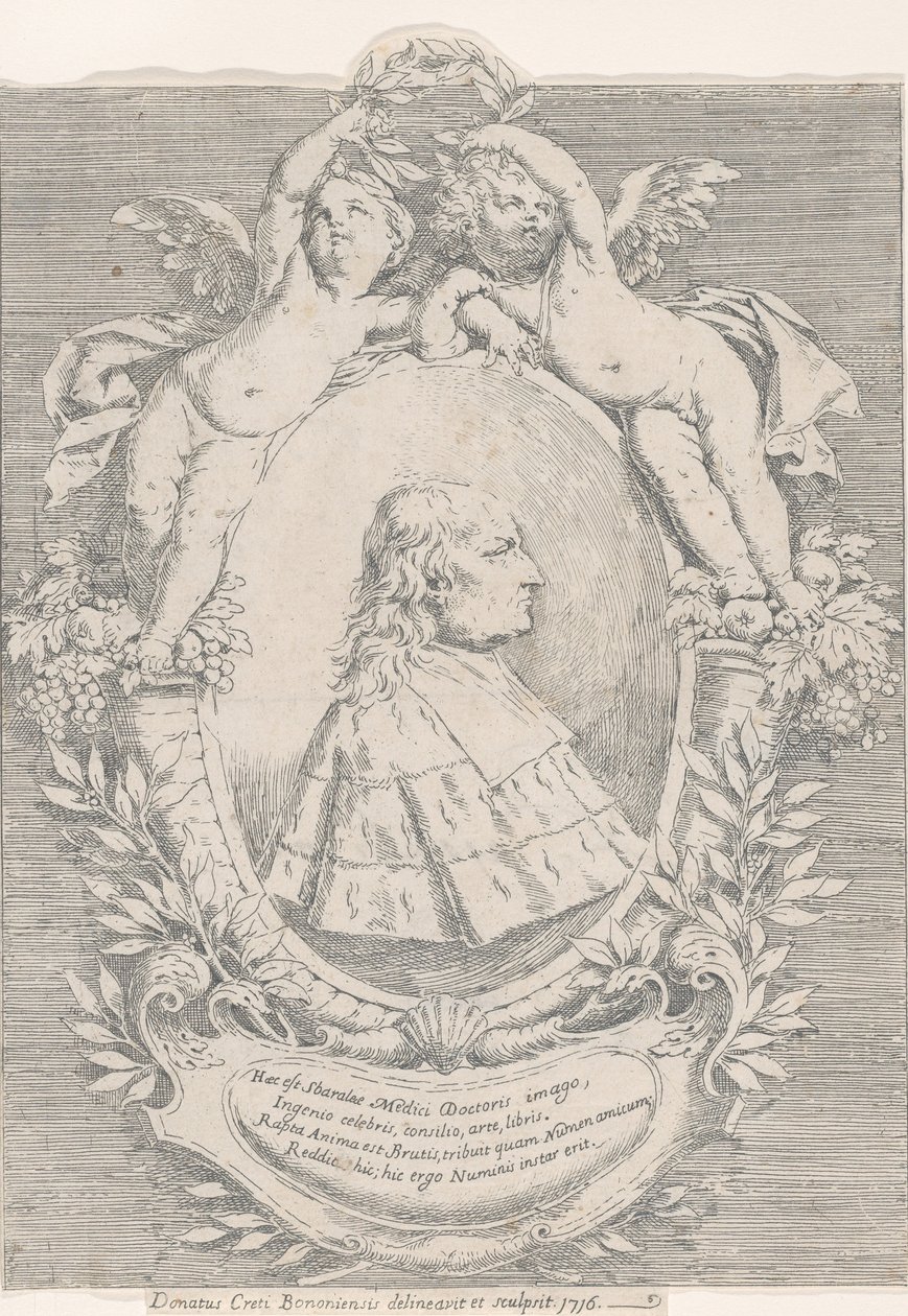Portræt af Giovanni Girolamo Sbaraglia, inden for en oval flankeret af to putti på overflødighedshorn..., 1716. af Donato Creti