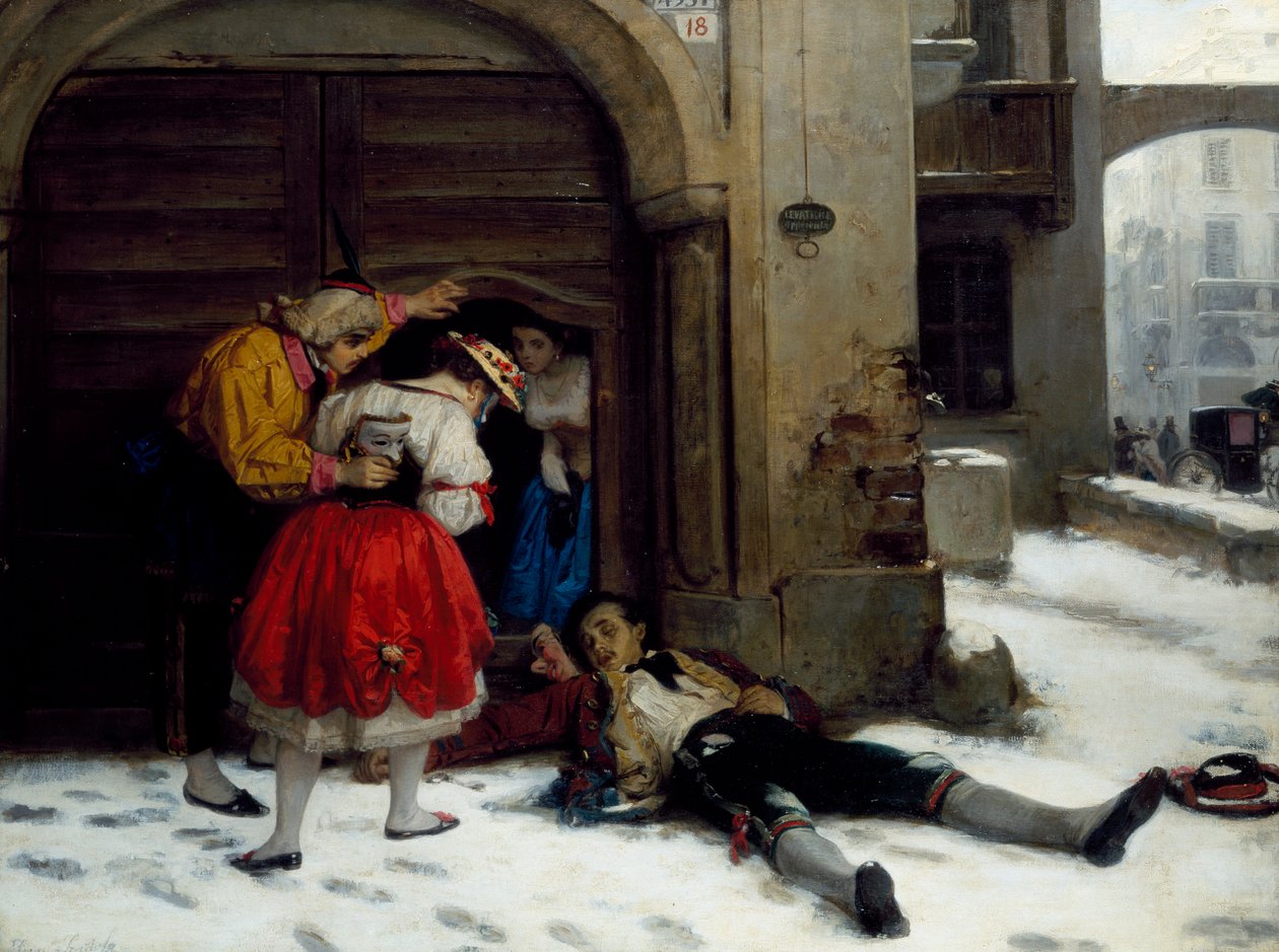 Vender tilbage efter en fest hele natten, maleri af Domenico Scattola (1814-1876), olie på lærred, 75x100 cm af Donenico Scattola