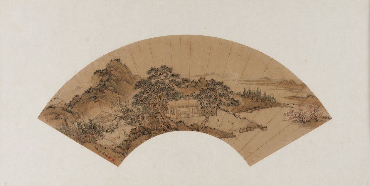 Lærde læser i en stråtækt hytte, Qing-dynastiet, slutningen af det 18.-begyndelsen af det 19. århundrede (blæk og farve på papir) af Dong Gao