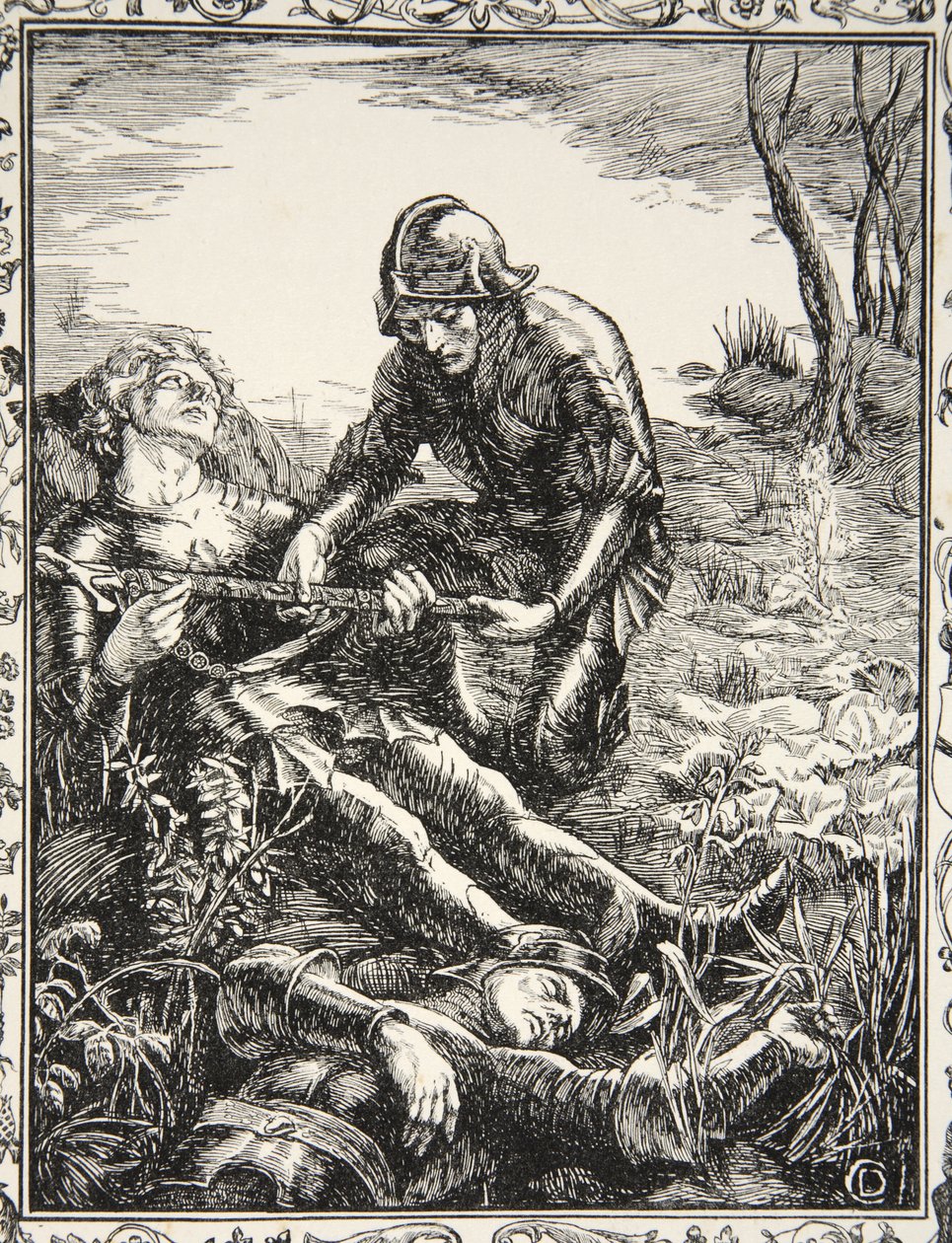 Arthur giver Excalibur til Sir Bedevere, illustration fra "Stories of King Arthur and te Round Table" af Beatrice Clay, 1. udgave, 1905 af Dora Curtis