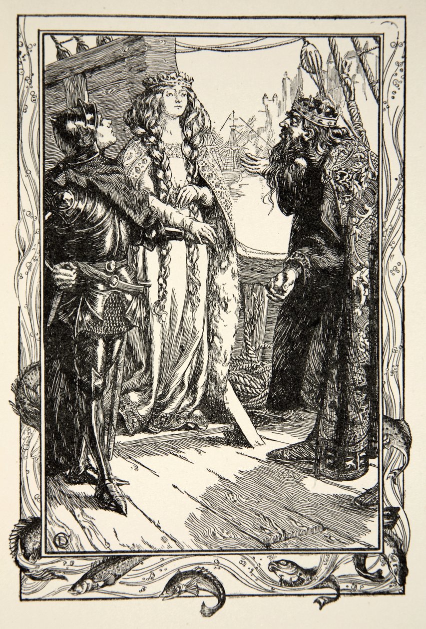 Kong Anguish giver Isolt til Sir Tristram, illustration fra "Stories of King Arthur and te Round Table" af Beatrice Clay, 1. udgave, 1905 af Dora Curtis