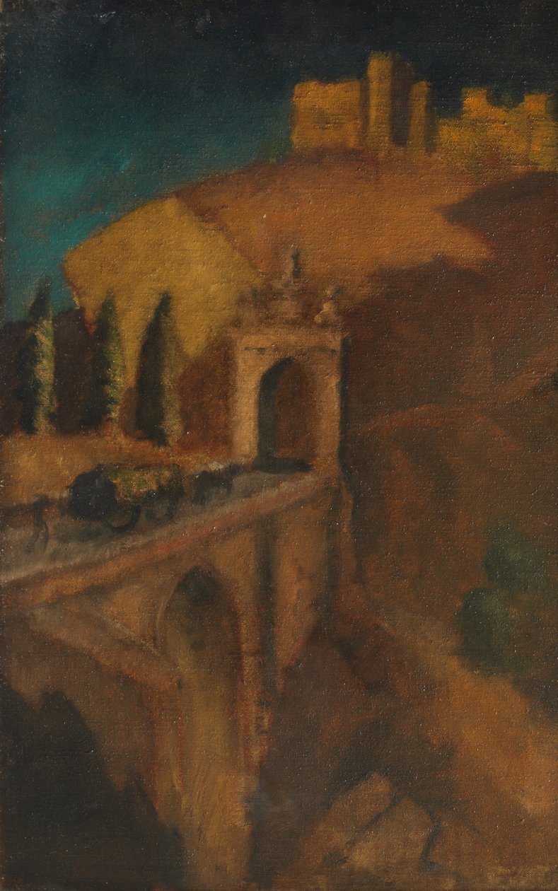 Bjerglandskab med bro (verso), ca. 1910 (olie på lærred) af Dora (attr. to) Carrington
