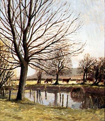 Kvæg ved en dam (olie på lærred) af Dora Carrington