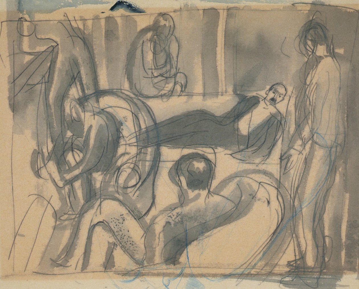 Maynard Keynes, Lytton Strachey og andre, ca. 1916 (blyant og akvarel på papir) af Dora Carrington