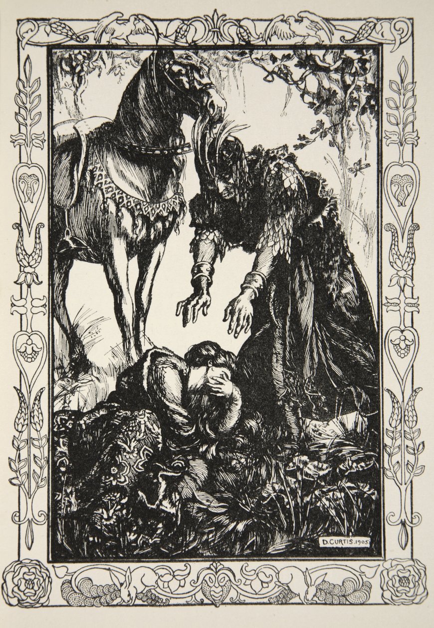 Palamides dukkede op foran hende, illustration fra "Stories of King Arthur and te Round Table" af Beatrice Clay af Dora Curtis