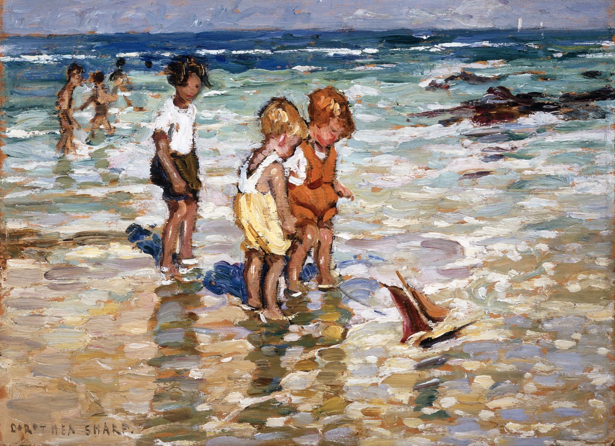 Paddlende børn (olie på panel) af Dorothea Sharp