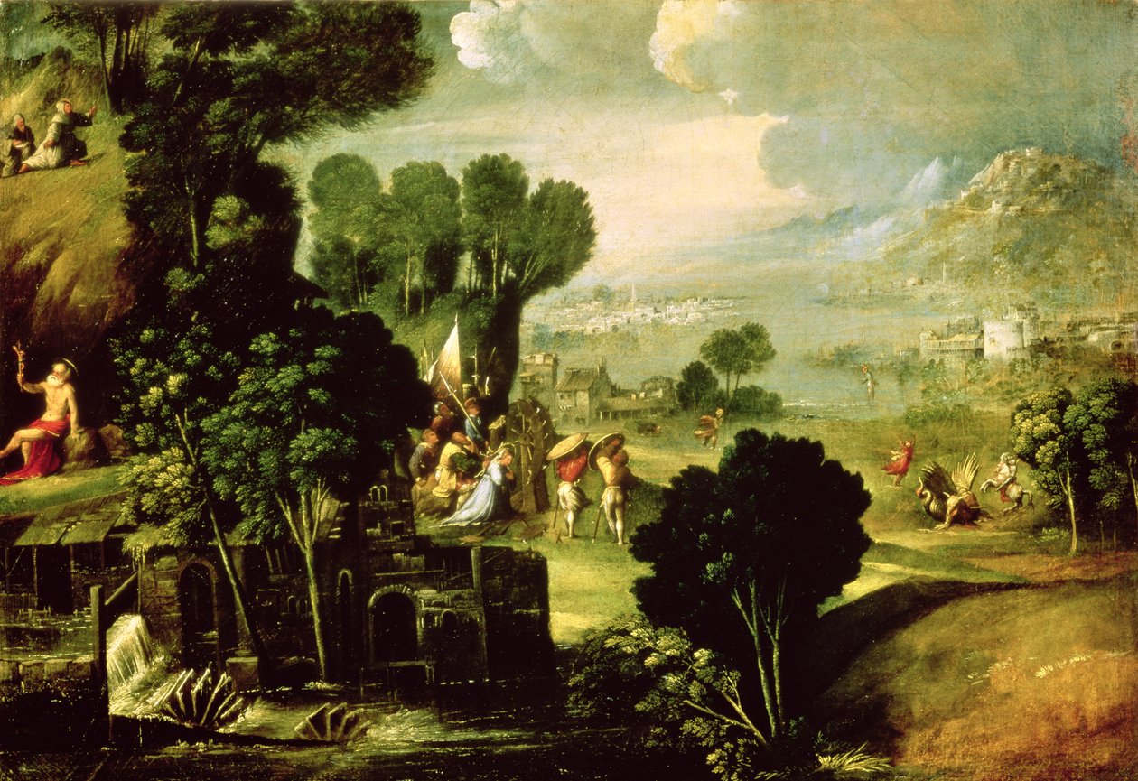 Landskab med helgener, 1520-30 af Dosso Dossi