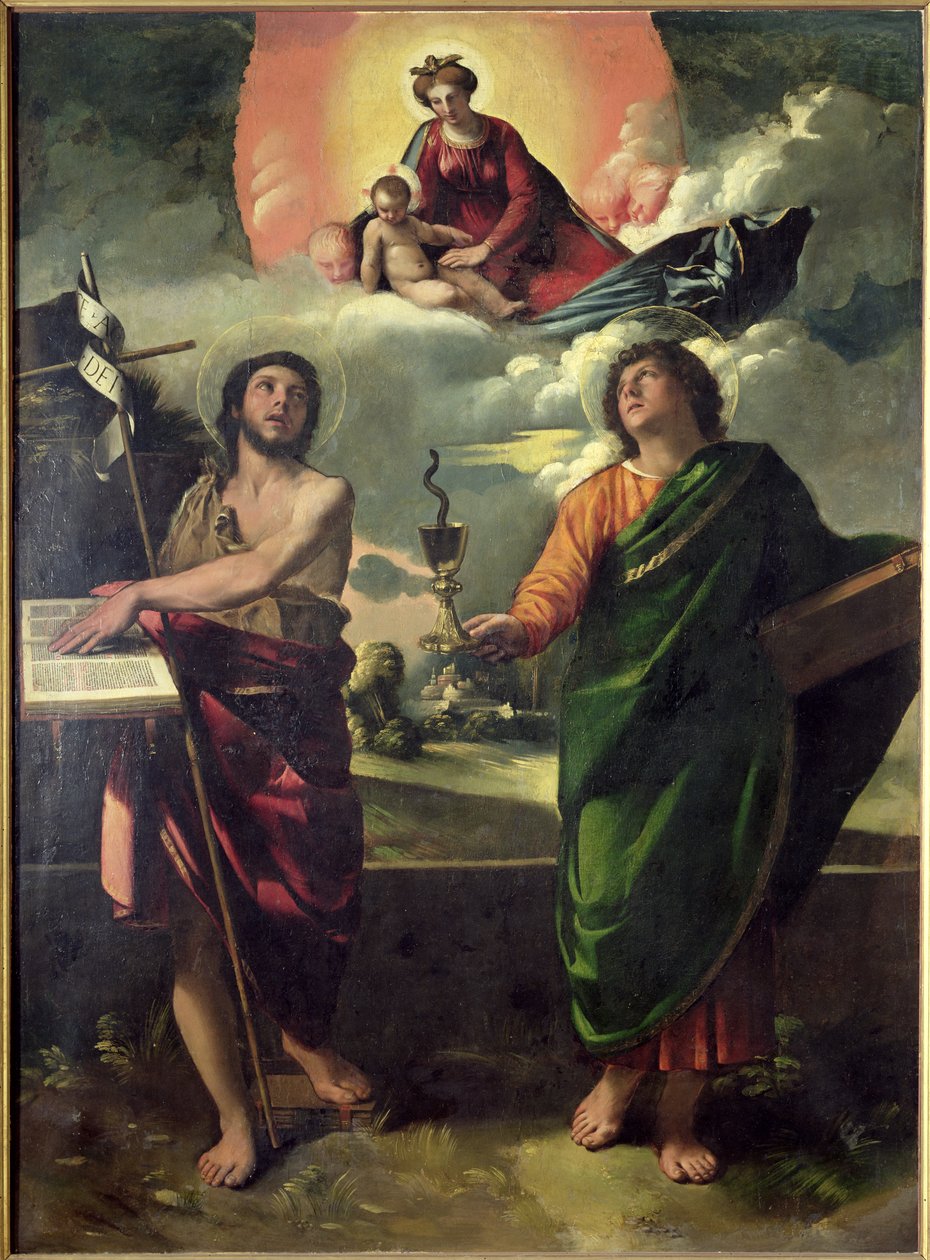 Jomfruens fremtræden for de hellige Johannes Døberen og Johannes Evangelisten, 1520-30 af Dosso Dossi