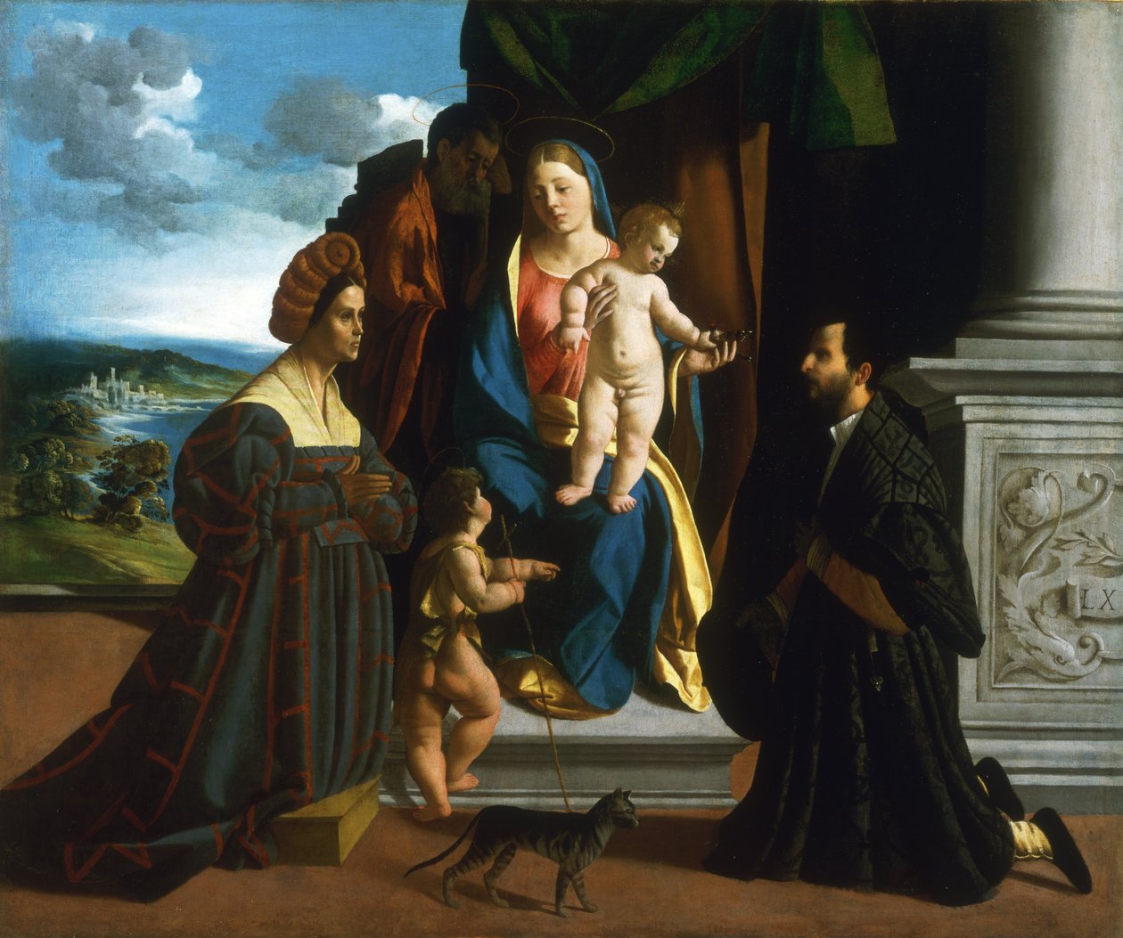 Den Hellige Familie med den unge Sankt Johannes Døberen, en kat og to donorer af Dosso Dossi