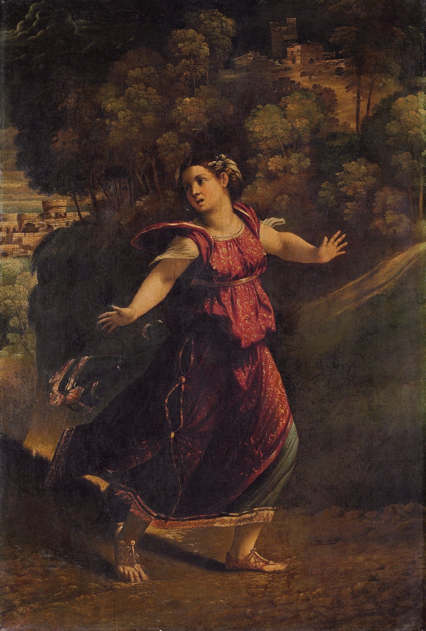 En kvinde, der flygter på en skovklædt sti, ca. 1520