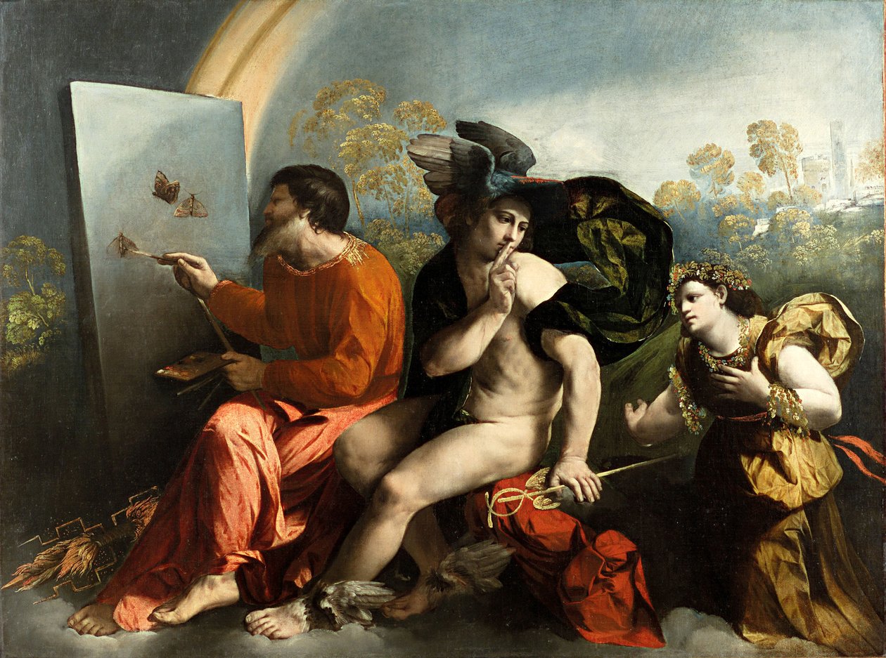 Jupiter, Merkur og dyden (Jupiter maler sommerfugle), ca. 1524 (olie på lærred) af Dosso Dossi