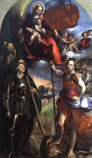 Madonna og barn med St. George og St. Michael af Dosso Dossi