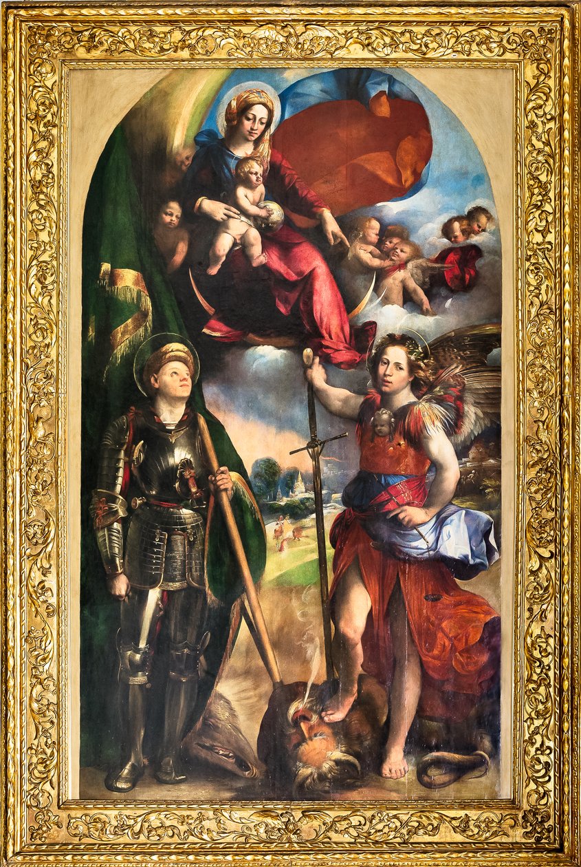Madonna med spædbarnet Jesus og St. George og St. Michael Ærkeengel, ca. 1518 (olie på panel) af Dosso Dossi