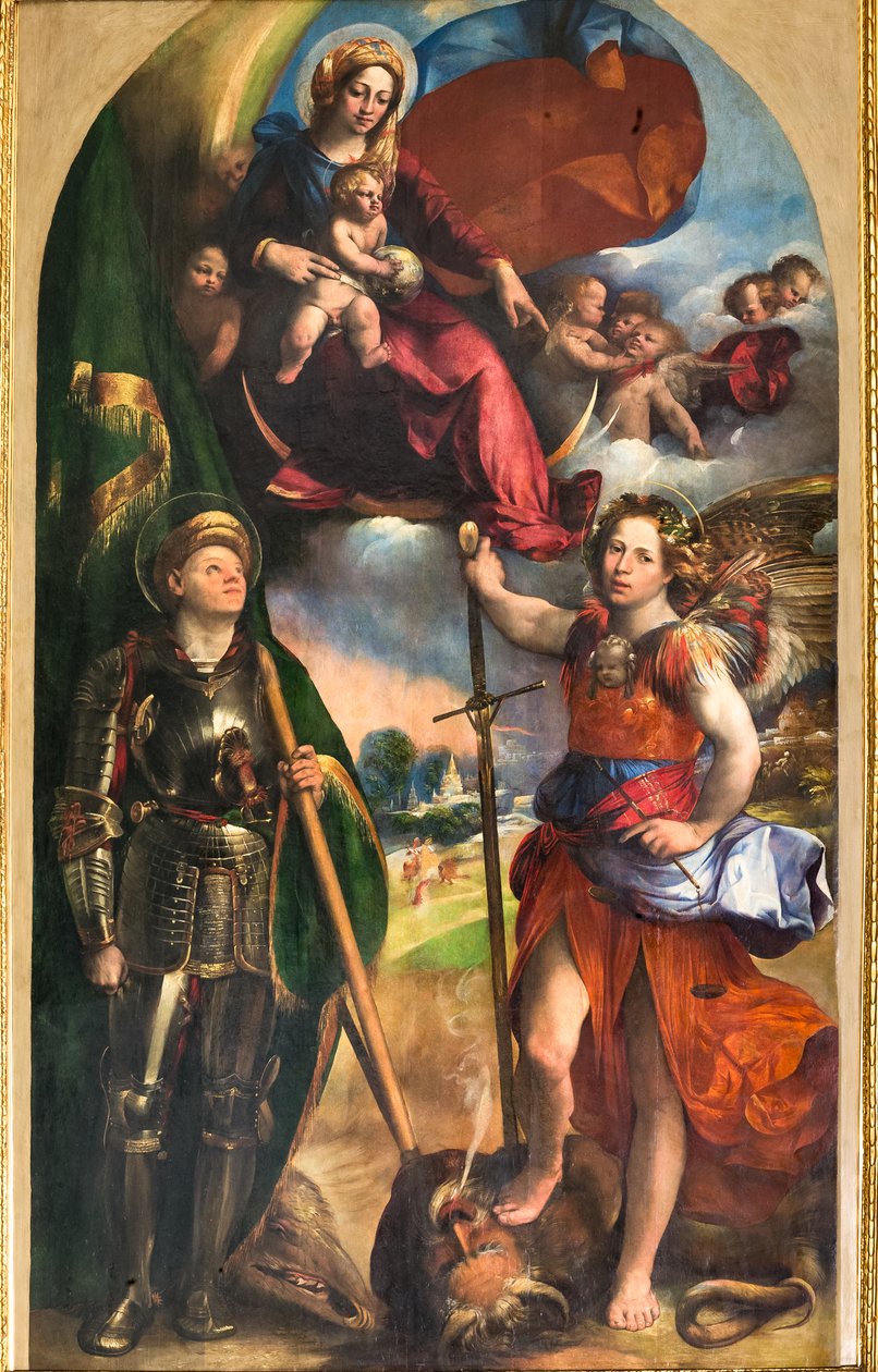 Madonna med spædbarnet Jesus og St. George og St. Michael Ærkeengel, ca. 1518 (olie på panel) af Dosso Dossi