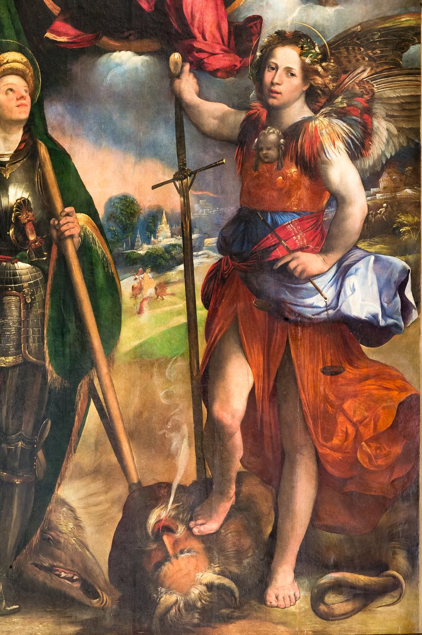 Madonna med spædbarnet Jesus og St. George og St. Michael Ærkeengel, detalje fra 2384617, ca. 1518 (olie på panel) af Dosso Dossi