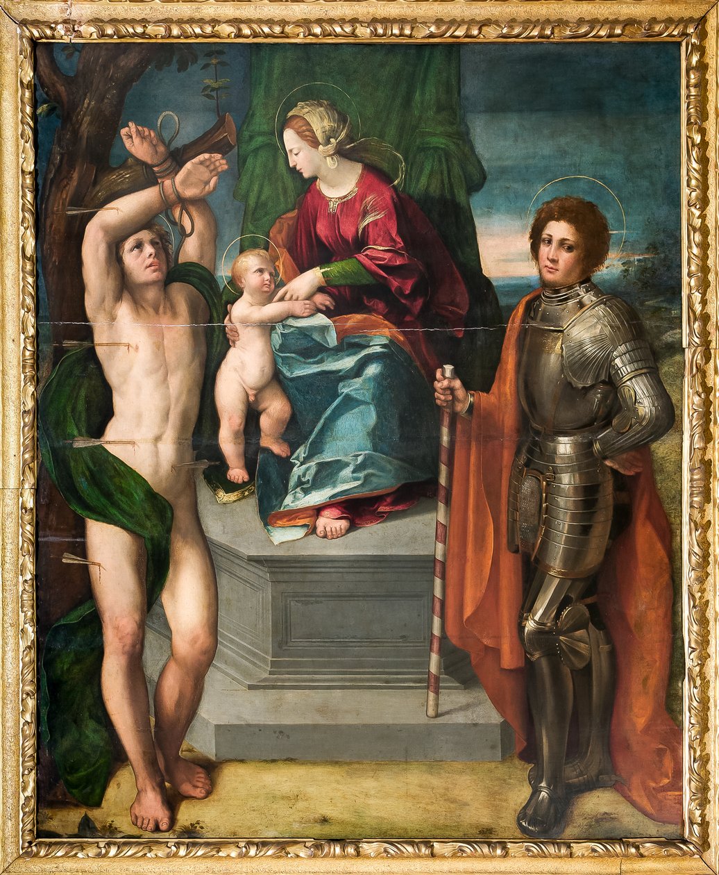 Madonna med Jesusbarnet og Sankt Sebastian og Sankt Georg, detaljer af Dosso Dossi