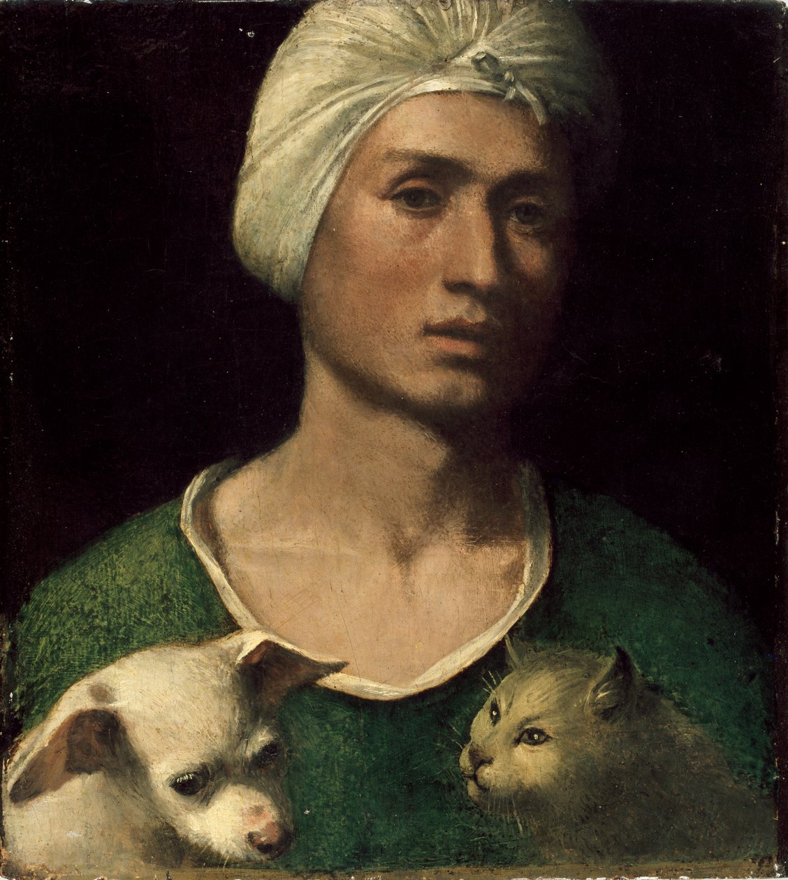 Portræt af en ung mand, der holder en hund og en kat, c1530