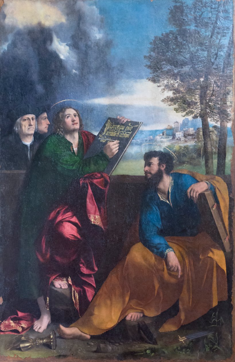 Sankt Johannes evangelisten og Sankt Bartolomæus med Pontichino della Sale og et medlem af hans familie af Dosso Dossi