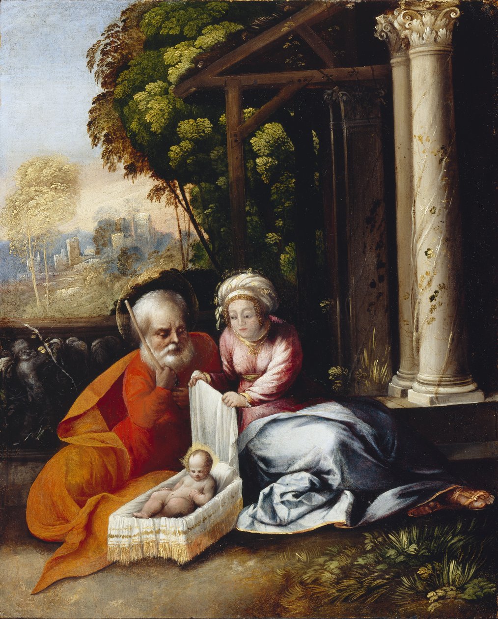 Den hellige familie, ca. 1516 (olie på træpanel) af Dosso Dossi