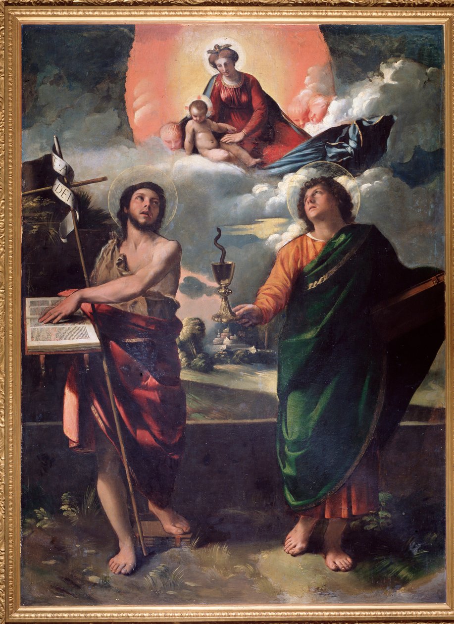 Jomfru og barn med Sankt Johannes Døber og Sankt Johannes evangelist Sankt Johannes holder en kalk af eller overstiger en slange af Dosso Dossi