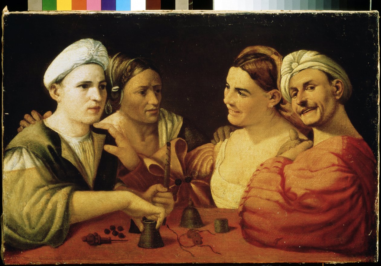 ""illusionisterne"" (Tryllerne) Et par charlataner, der bedrager deres ofre ved hjælp af magiske terninger. Maleri af Giovanni Luteri kendt som Dosso Dossi (cirka 1486-1542) Pushkin Museum fra det 16. århundrede, Moskva af Dosso Dossi
