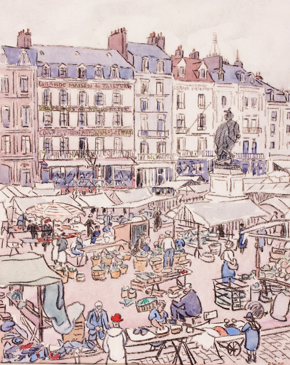 Place Nationale, Dieppe, ca. 1910 (kridt og wc på papir) af Douglas Fox Pitt