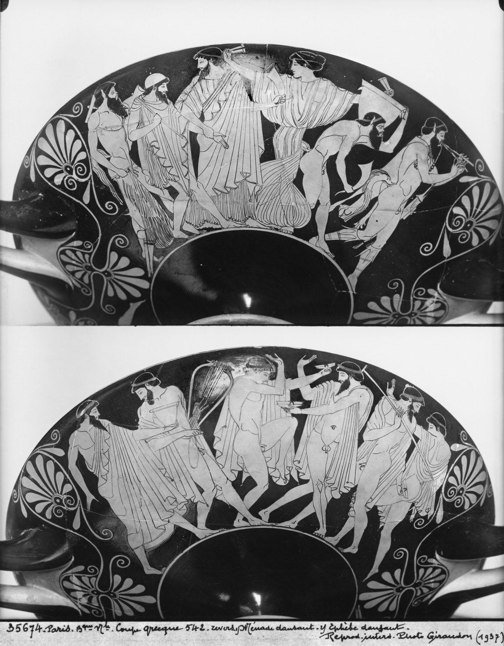 Loftskål med rød figur, der forestiller Dionysos, der bringer Hefaistos tilbage til Olympus-bjerget, ca. 480 f.Kr. keramik bw foto af Douris