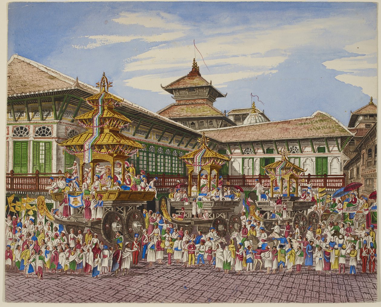 T jomfrurejse. Tri Temple Cars uden for T Hanuman Dhoka, Kathmandu (Sort Litho) af Dr. Henry Ambrose Oldfield