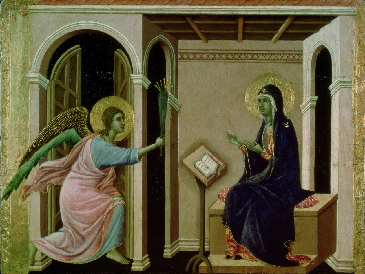 Engel, der annoncerer Vorherres død til Maria (tempera på panel) af Duccio di Buoninsegna
