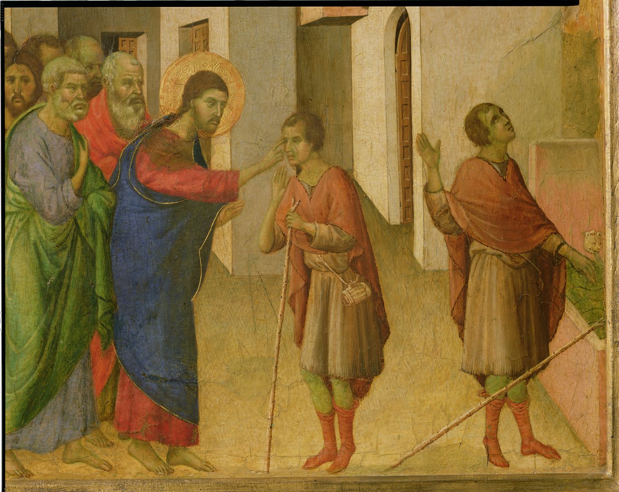 Jesus åbner øjnene på en mand født blind, 1311 tempera på paneldetalje fra 188963 af Duccio di Buoninsegna
