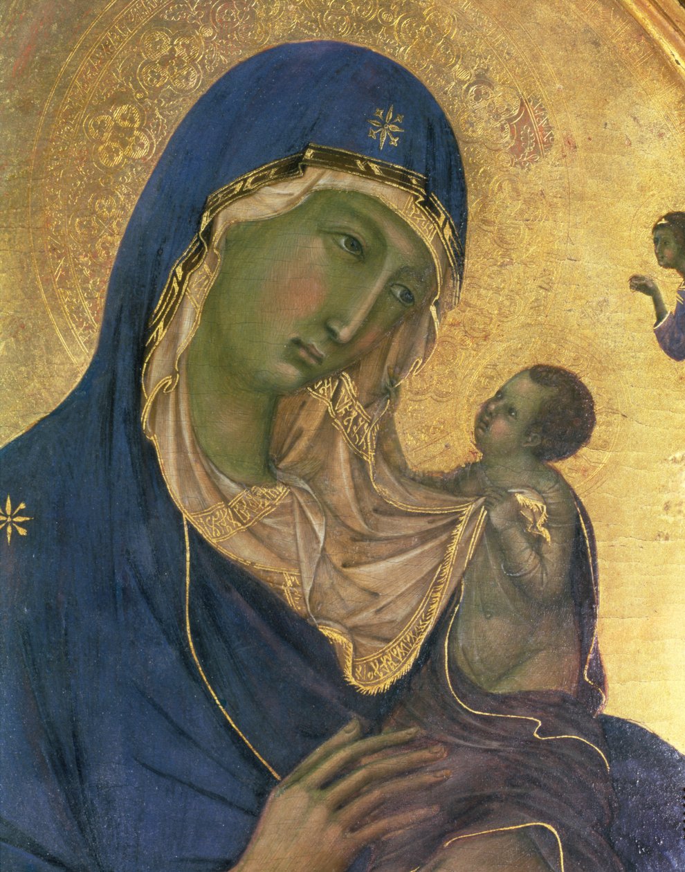 Madonna og barn med SS. Dominic og Aurea, detalje af Madonnaen og barnet, ca. 1315 (tempera på panel) (detaljer fra 28972) af Duccio di Buoninsegna